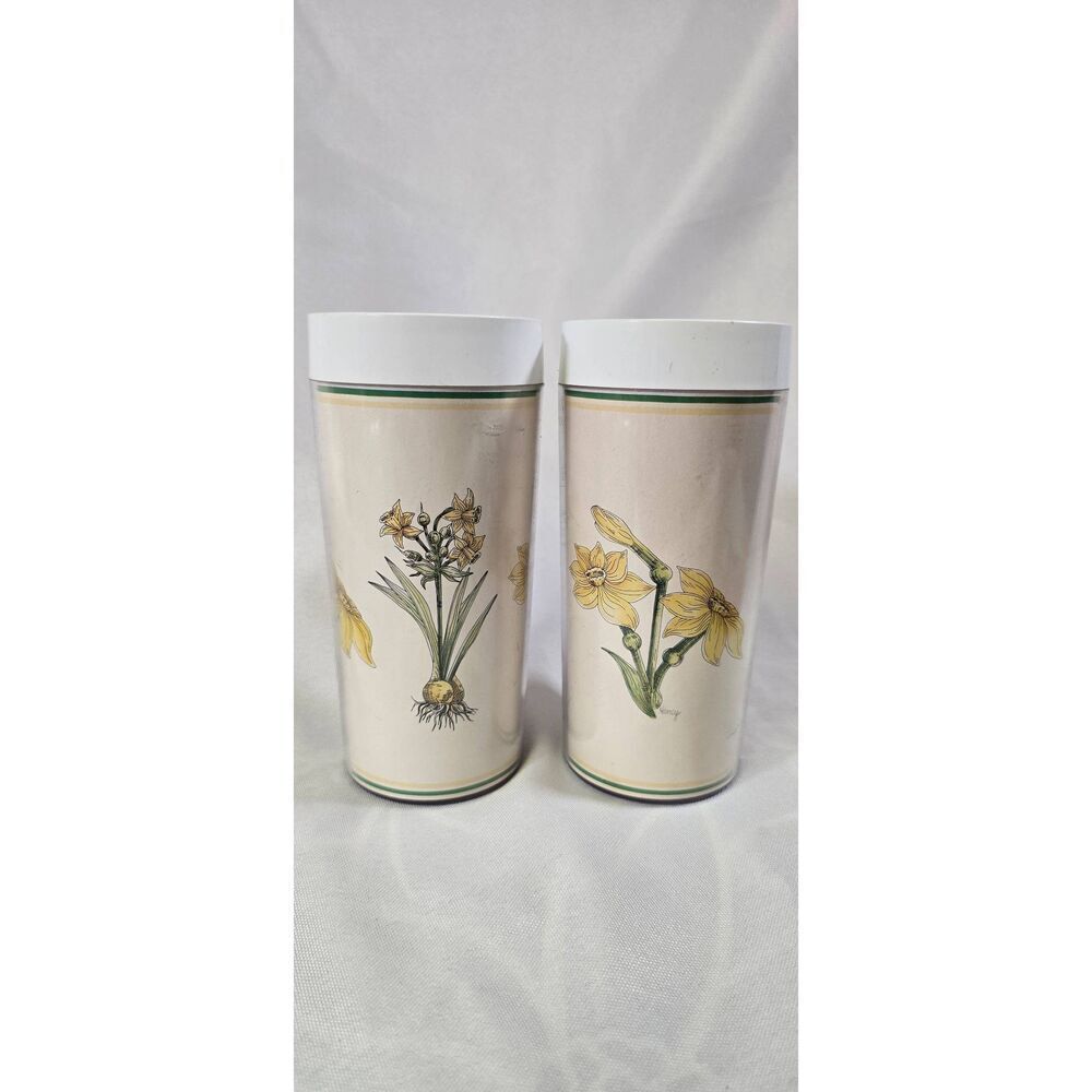 2-Thermo-Serv Floral 1980 Dart Ind. Nancy Yellow Daffodil Floral Plastic Tumbler